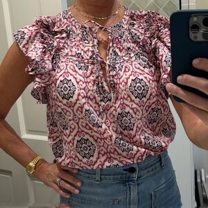 Elan Women's Ruffle Sleeve Blouse - Pink and Navy Blue Pattern